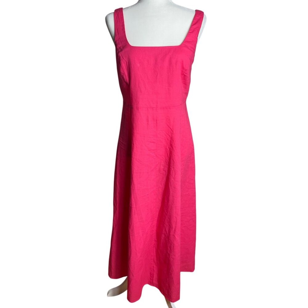 NWT Gap Dress Linen-Blend Square Neck Midi Raspberry Pink Fuchsia A-line Women S